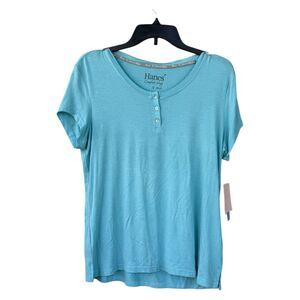 NWT Hanes Women's Comfort Sleep Henley top T shirt blue Size S MSRP $48